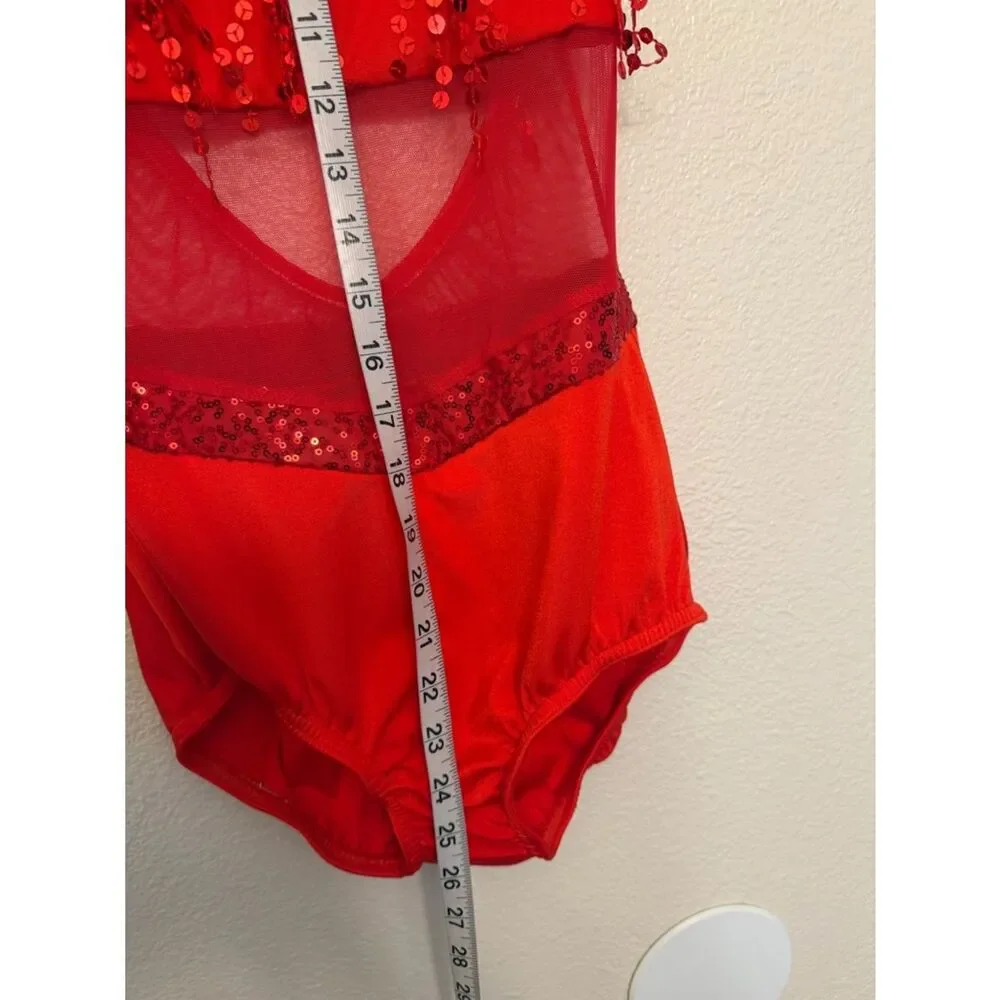 Kelle dance solo custom sequin costume red fringe leotard illusion SA Small adul